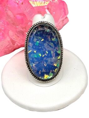 Australian Fire Opal Ring Size 8 Solid 925 Sterling Silver Blue Oval Chunky
